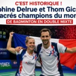 Delphine Delrue et Thom Gicquel sur le court, célébrant leur titre mondial de badminton