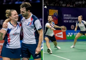 Delphine Delrue et Thom Gicquel sourient sur le terrain après leur victoire mondiale.