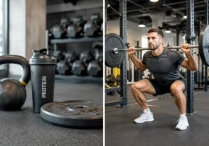 Personne en train d'effectuer un squat avec dos droit et pieds écartés, montrant la bonne technique