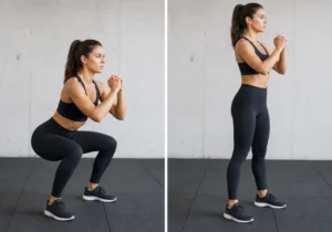 une personne effectue un squat en position accroupie avec dos droit et pieds plats