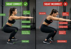 Une personne réalise un squat en démontrant une bonne posture et stabilité.