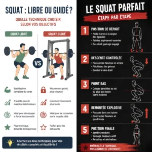 athlete effectuant un squat avec barre sur les épaules dans une salle de sport