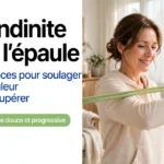 a gauche se lit un texte noir sur fond blanc + a droite une femme souriante effectuant un exercice d epaule avec une bande elastique verte dans une piece lumineuse