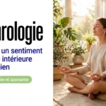 Femme assise en position de méditation sur un coussin, yeux fermés, dans un salon lumineux entouré de plantes vertes.