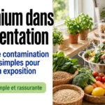 Des mains lavent des legumes dans une passoire metallique sous un filet d’eau, entourées de paniers et d’herbes.