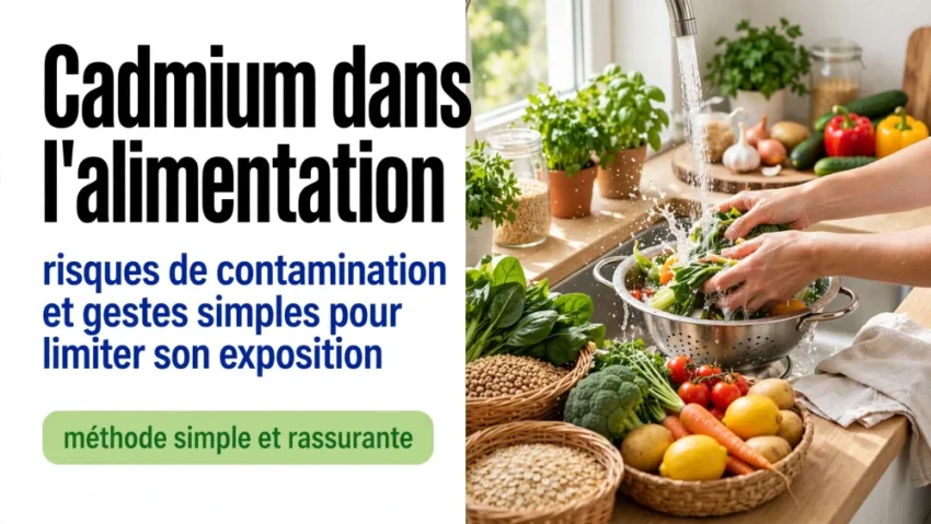 Cadmium dans l’alimentation : risques de contamination et gestes simples pour limiter son exposition 1 Des mains lavent des legumes dans une passoire metallique sous un filet d’eau, entourées de paniers et d’herbes.