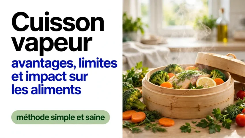 Cuisson vapeur : avantages, limites et impact sur les aliments 3 panier vapeur en bois contenant legumes, brocolis, carottes et rondelles de citron, fumant légèrement; à gauche texte noir et bleu