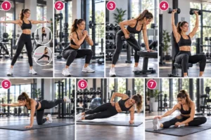 Femme en tenue de sport effectue des exercices différents dans une salle de sport