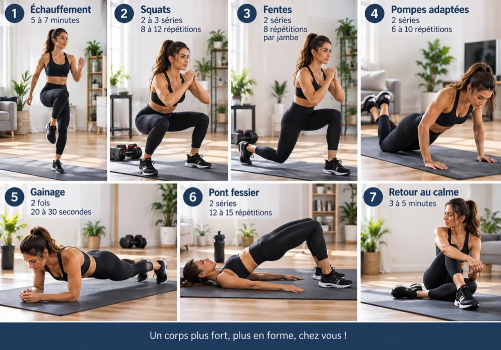 Personne en tenue de sport effectuant un exercice debout dans une salle
